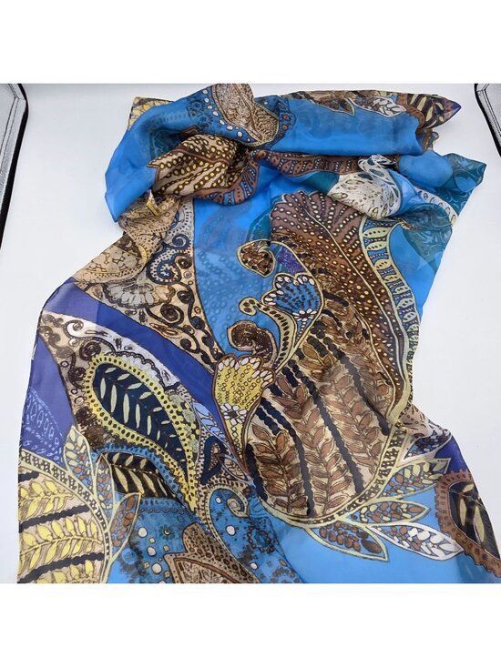 Anne Klein Accessories - Anne Klein Womens 100% Silk Scarf With Paisley & Floral Print In Blue Brown Gold